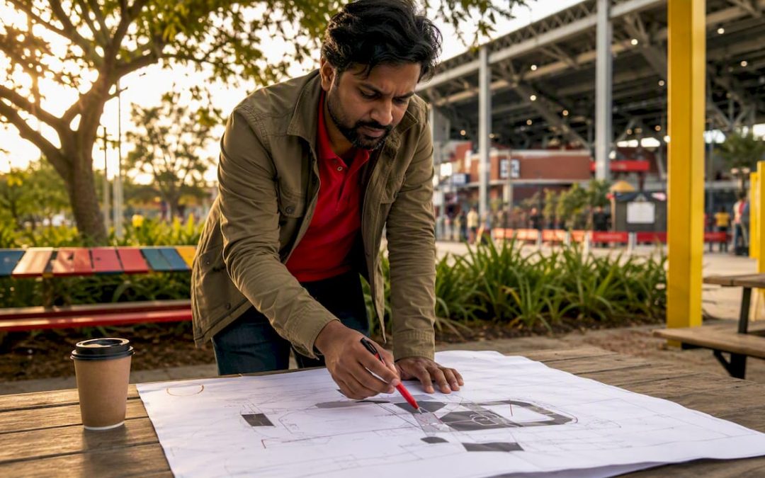 Designer reviewing stadium sign blueprints