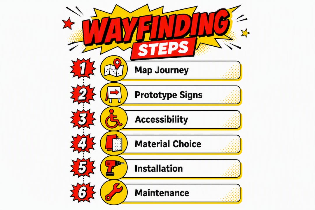 Infographic illustrating key steps of office wayfinding system planning