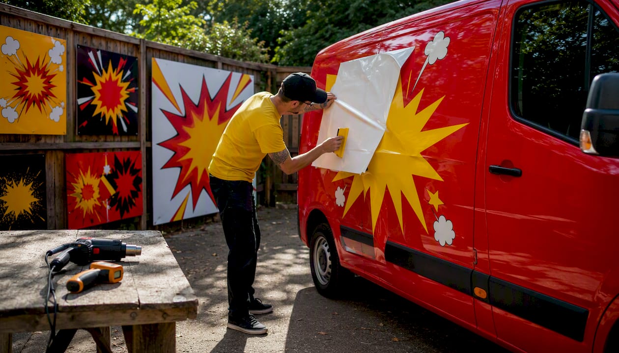 Installer applying vehicle graphics with squeegee
