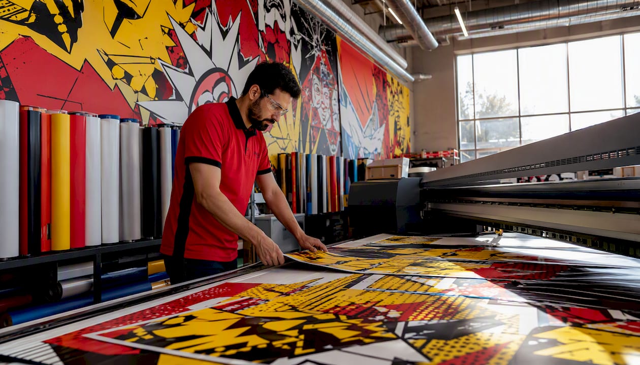 Technician inspecting large vinyl prints on printer